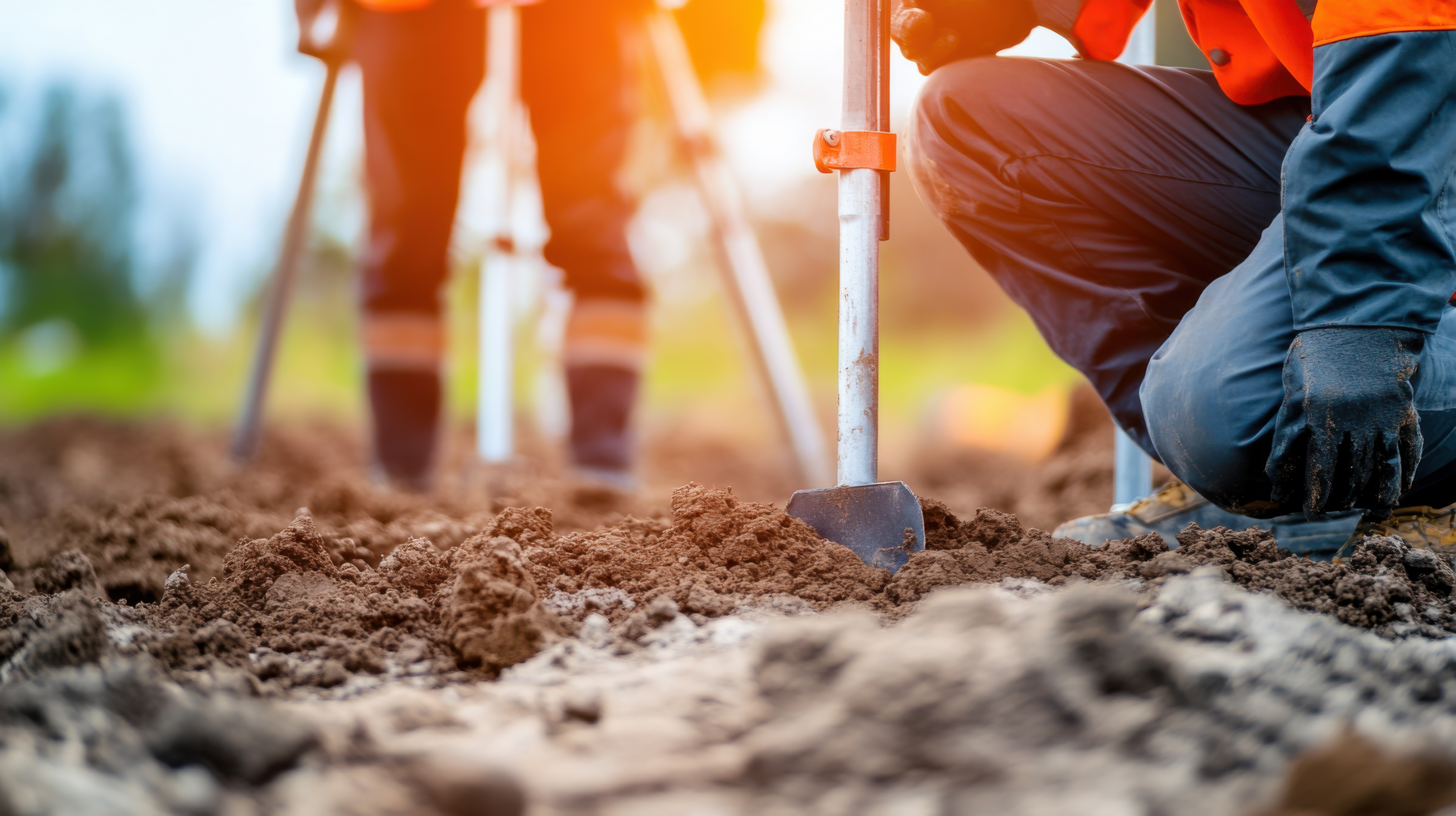 A focused image of engineers conducting soil testing and analysis on a construction site before foundation work, Soil testing scene, Analytical and preparatory style